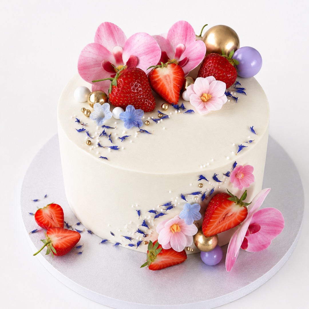 Monifique Pâtisserie — Torte mit Erdbeeren und Orchideen
